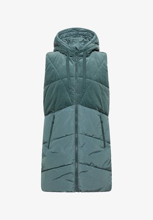 Gilet sans manches en teal, rembourré, avec capuche, fermeture éclair à l'avant, poches zippées sur les côtés et tissu texturé sur la partie supérieure.