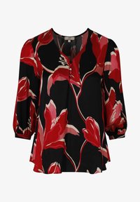 Vloeiend zwart blouse met een rood en roze bloemenpatroon, V-hals en knoopdetails. Heeft driekwart pofmouwen en zachte stof.