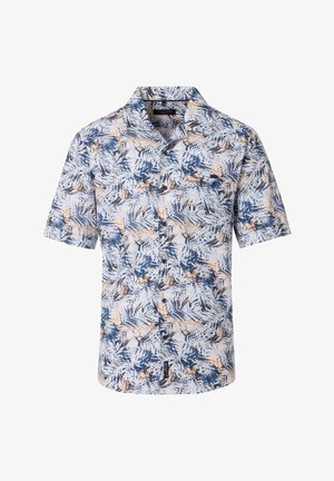 Kurzarm-Hemd mit Knöpfen, das ein blaues und weißes Palmenblattmuster mit orangefarbenen Akzenten zeigt, hergestellt aus leichtem Stoff.