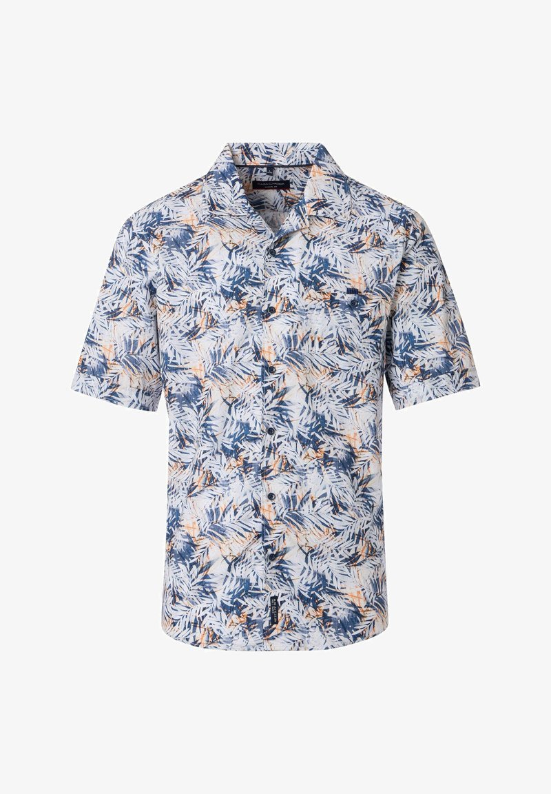 Short-sleeve button-up shirt featuring a blue and white palm leaf pattern with orange accents, crafted from lightweight fabric.