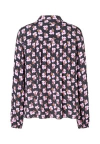 Black long-sleeve blouse with pink floral pattern and gathered pleats on the upper back and elastic cuffs.