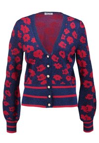 Marinblå cardigan med röd blommönster, pärlknappar, V-hals och röda randiga ribbade muddar och nederkant.