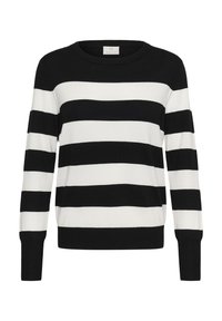 Pull rayé noir et blanc, col rond, manches longues, texture douce, rayures horizontales noires sur fond blanc, poignets côtelés.