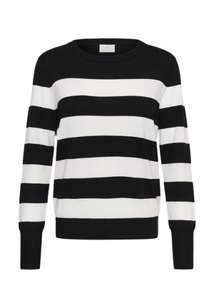 Čierny a biely pruhovaný sveter, okrúhly výstrih, dlhé rukávy, mäkká textúra, čierne horizontálne pruhy na bielom pozadí, rebrované manžety.
