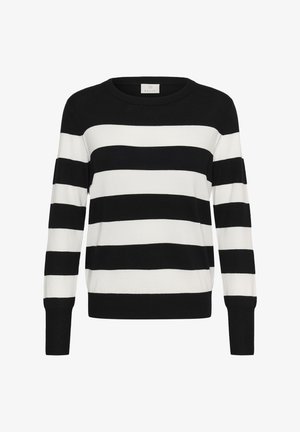 Svītrains melnbalts džemperis ar apaļu kakla izgriezumu, garām piedurknēm, mīkstu tekstūru, melnām horizontālām svītrām uz baltas pamatnes, ribotām aprocēm.