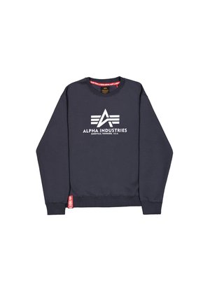 Marineblauwe sweatshirt van katoenmix, met een groot wit logo op de borst, geribbelde manchetten en een rode merklabel aan de zoom.