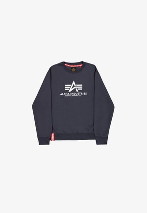 Marineblauwe sweatshirt van katoenmix, met een groot wit logo op de borst, geribbelde manchetten en een rode merklabel aan de zoom.