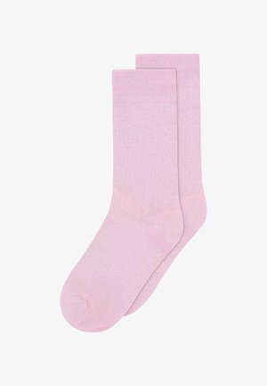 Pink cotton socks featuring a smooth texture, ribbed cuffs, and a classic crew length design. Suitable for casual wear.
