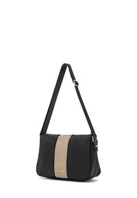 Borsa a tracolla in pelle nera e beige con tracolla nera regolabile e logo Laura Biagiotti in tono oro sulla pannello centrale anteriore.