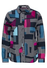 Camicia button-up con base blu navy, caratterizzata da motivi geometrici in rosa, blu e bianco. Maniche lunghe e design del colletto classico.