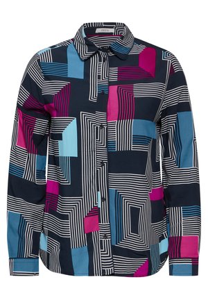 Paita napitettava, jonka pohjaväri on tummansininen ja jossa on geometrisia kuvioita vaaleanpunaisena, sinisenä ja valkoisena. Pitkät hihat ja klassinen kaulussuunnittelu.