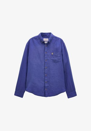 Cămașă bărbătească albastră cu mânecă lungă, cu nasturi, cu guler și buzunar la piept, având un mic logo galben brodat.