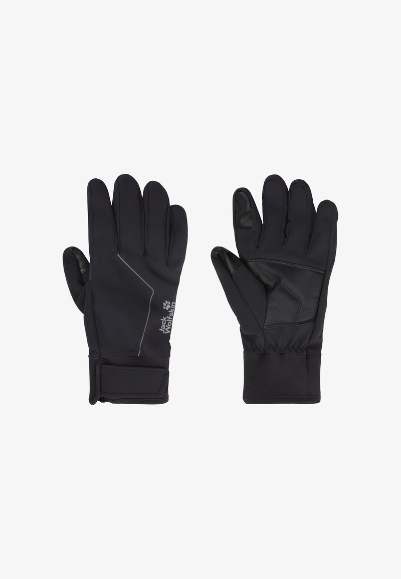 Zwarte weersbestendige handschoenen met een gladde afwerking en een gestructureerde palm. Voorzien van verstelbare polsbanden en reflecterende accenten voor zichtbaarheid.