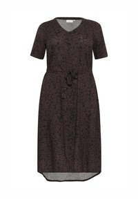 Kortärmad klänning med V-ringning i mörk vinröd med blommönster, knappstängning, midjeband och rundad nederkant. Mjuk textur.