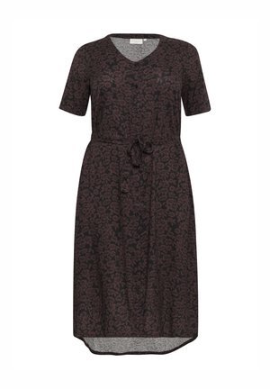 Rochie cu mânecă scurtă, decolteu în V, în nuanța maron închis, cu model floral, închidere cu nasturi, curea la talie și margine rotunjită.  Textură de material moale.