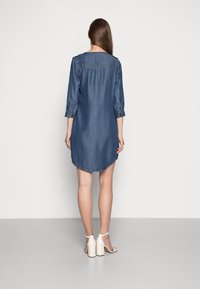 Denim mekko, jossa on kolme neljännestä hihoista, pyöristetty helmaviritys, nappidetalit hartioilla ja rento istuvuus, nähtynä takaa.