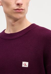 Maroon knit sweater with a textured pattern and a ribbed crew neckline, featuring a small white label with red logo on the left side.