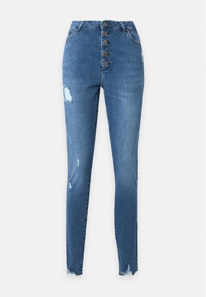 Blå skinny jeans med højt liv, slidte detaljer, frynset kant og frontlukning med fem knapper.