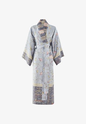 Light blue silk kimono-style robe with wide sleeves, floral and ornamental patterns in pink, gold, and gray, and a matching waist belt.