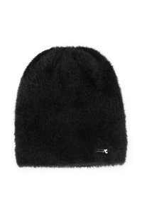 Bonnet noir en tissu doux et pelucheux. Présente une finition lisse et un petit patch logo sur le côté.