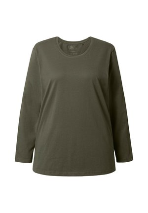 Dlouhý rukáv olivově zeleného trička vyrobeného z měkké bavlny, s kulatým výstřihem a volným střihem. Jednoduchý design bez viditelných vzorů nebo akcentů.