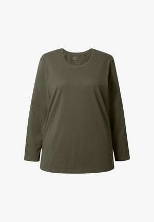 Longsleeve oliwkowa koszulka z miękkiej bawełny, z okrągłym dekoltem i luźnym krojem. Gładki design bez widocznych wzorów czy akcentów.