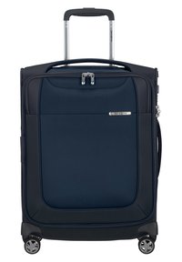 Valigia morbida di colore blu navy con forma rettangolare, due ruote lisce, un manico estraibile e un compartimento con zip sulla parte anteriore.