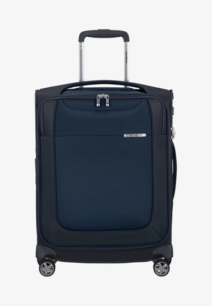 Valigia morbida di colore blu navy con forma rettangolare, due ruote lisce, un manico estraibile e un compartimento con zip sulla parte anteriore.