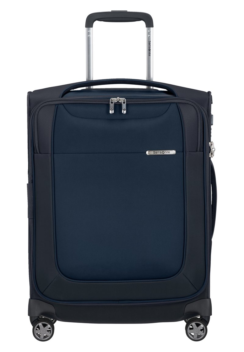 Valigia morbida di colore blu navy con forma rettangolare, due ruote lisce, un manico estraibile e un compartimento con zip sulla parte anteriore.