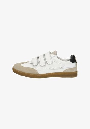 White and beige sneakers with three velcro straps, a suede toe, perforated side panels, and a gum rubber sole. Black heel accent.