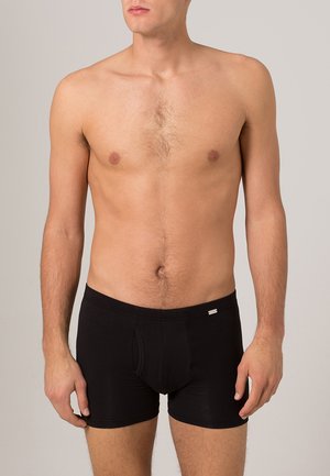Sorte bomulds boxer briefs med åbning foran, prydet med et diskret logo og en tætsiddende pasform. Glat tekstur og let design.