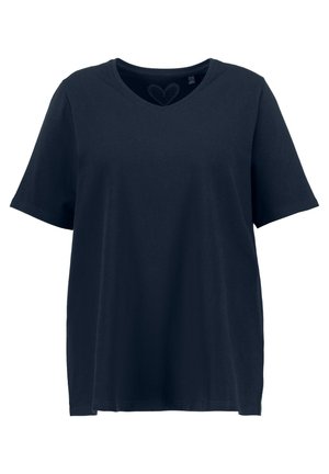 T-shirt en coton bleu marine à manches courtes et col en V. Présente une texture lisse et une coupe décontractée pour le confort.