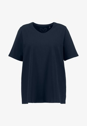 T-shirt di cotone blu navy con maniche corte e colletto a V. Presenta una texture liscia e una vestibilità rilassata per il massimo comfort.