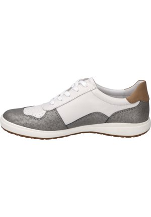White and gray leather sneaker with a textured finish, rounded toe, lace-up design, and tan accent at the heel. Rubber outsole.