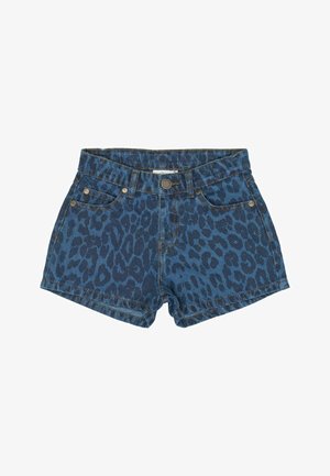 Denim lühikesed püksid sinise leopardimustriga, kõrge vöökohaga, viie taskuga ja kuldse tooniga riistvaraga.