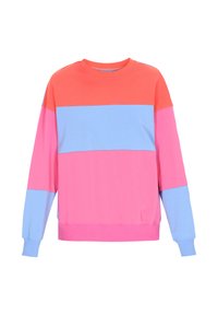 Felpa color-block con sezioni corallo, rosa e blu; maniche lunghe; scollo rotondo; materiale in cotone morbido.
