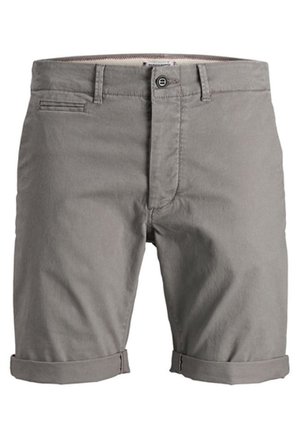 Grå herre casual shorts med opsmøgede kanter, frontknap, lynlås, bæltestropper og en lille vandret forlomme.