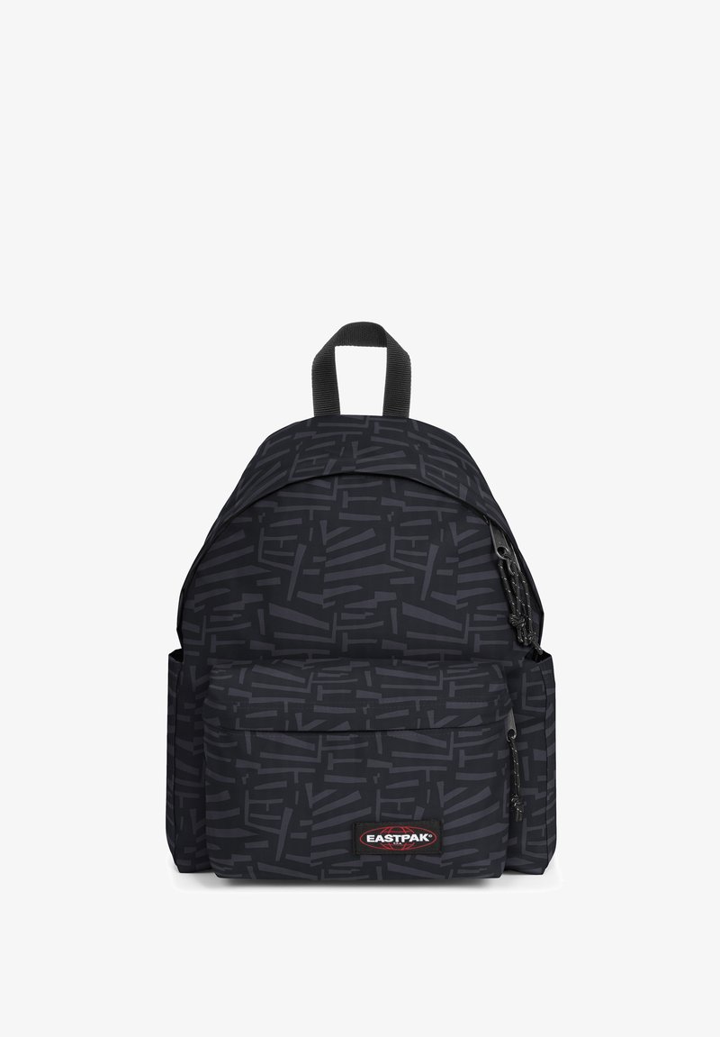 Black patterned backpack with zippered main compartment, front pocket, padded shoulder straps, and top handle for carrying.