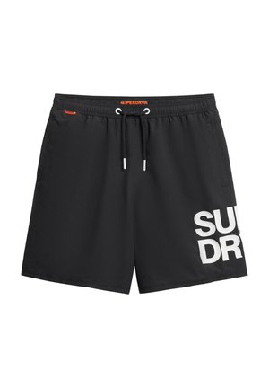 Black swim shorts made of lightweight fabric, featuring an elastic waistband with adjustable drawstring and large white "SUPERDRY" text on the side.