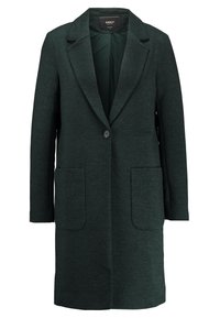 Tmavě zelený dlouhý kabát s klopami, na jedno tlačítko, dvě přední kapsy, vyrobený z texturované látky. Podšívka uvnitř.