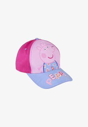 Roze en blauwe pet met een Peppa Pig-ontwerp aan de voorkant, voorzien van een gebogen rand en speelse tekst die "PEPPA" in verschillende patronen spelt.