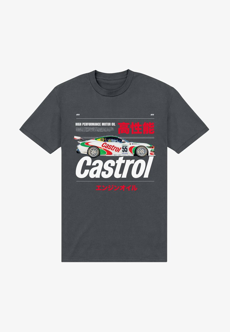 Ciemnoszary T-shirt z białym i czerwonym logo Castrol, grafiką samochodu wyścigowego, tekstem "High Performance Motor Oil" oraz znakami japońskimi.