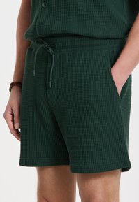 Shorts verzi din tricot texturat, cu talie elastică și șnur de ajustare, buzunare laterale și o tăietură lejeră.