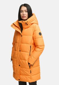 Orange puffer coat with a hood, featuring a quilted pattern, zipper pockets, and a logo accent on the sleeve. Smooth texture and lightweight design.
