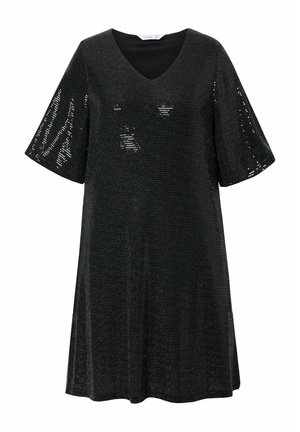 Abito nero di paillettes con scollatura a V, maniche corte e vestibilità ampia. Presenta una texture scintillante e un design fluido, adatto per abbigliamento da sera.