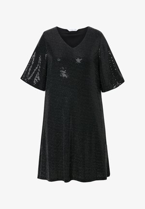 Schwarzes Pailletten-Kleid mit V-Ausschnitt, kurzen Ärmeln und lockerer Passform. Es zeichnet sich durch eine glitzernde Textur und ein fließendes Design aus, das sich gut für Abendveranstaltungen eignet.