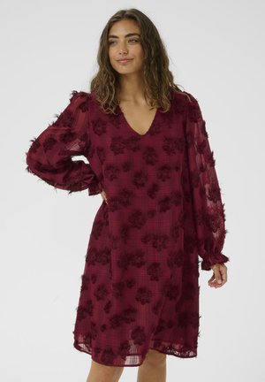 Femeie cu păr ondulat, purtând o rochie lungă, cu mâneci lungi, de un burgund floral texturat, până la genunchi, cu decolteu în V, cu mâna pe șold, pe un fundal alb.