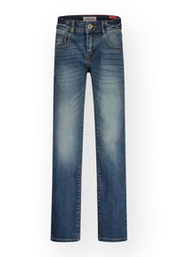 Jeans de mezclilla azul oscuro con pierna recta, desvanecidos a lo largo de los muslos, diseño de cinco bolsillos y cintura con marca.