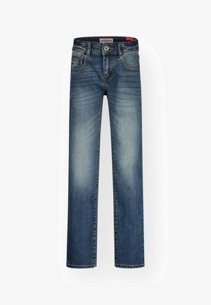 Jeans de ganga azul-escuro com perna reta, desbotados na parte das coxas, design de cinco bolsos e cintura com marca.