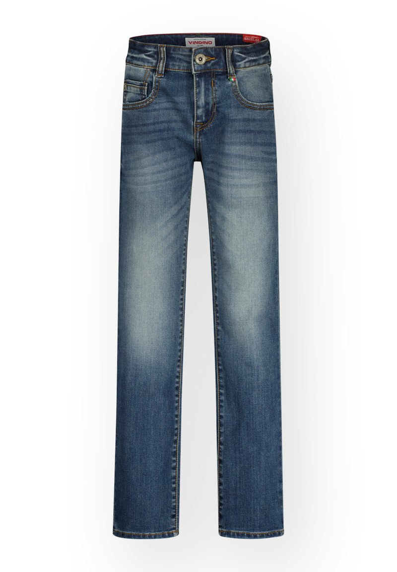 Jeans de mezclilla azul oscuro con pierna recta, desvanecidos a lo largo de los muslos, diseño de cinco bolsillos y cintura con marca.